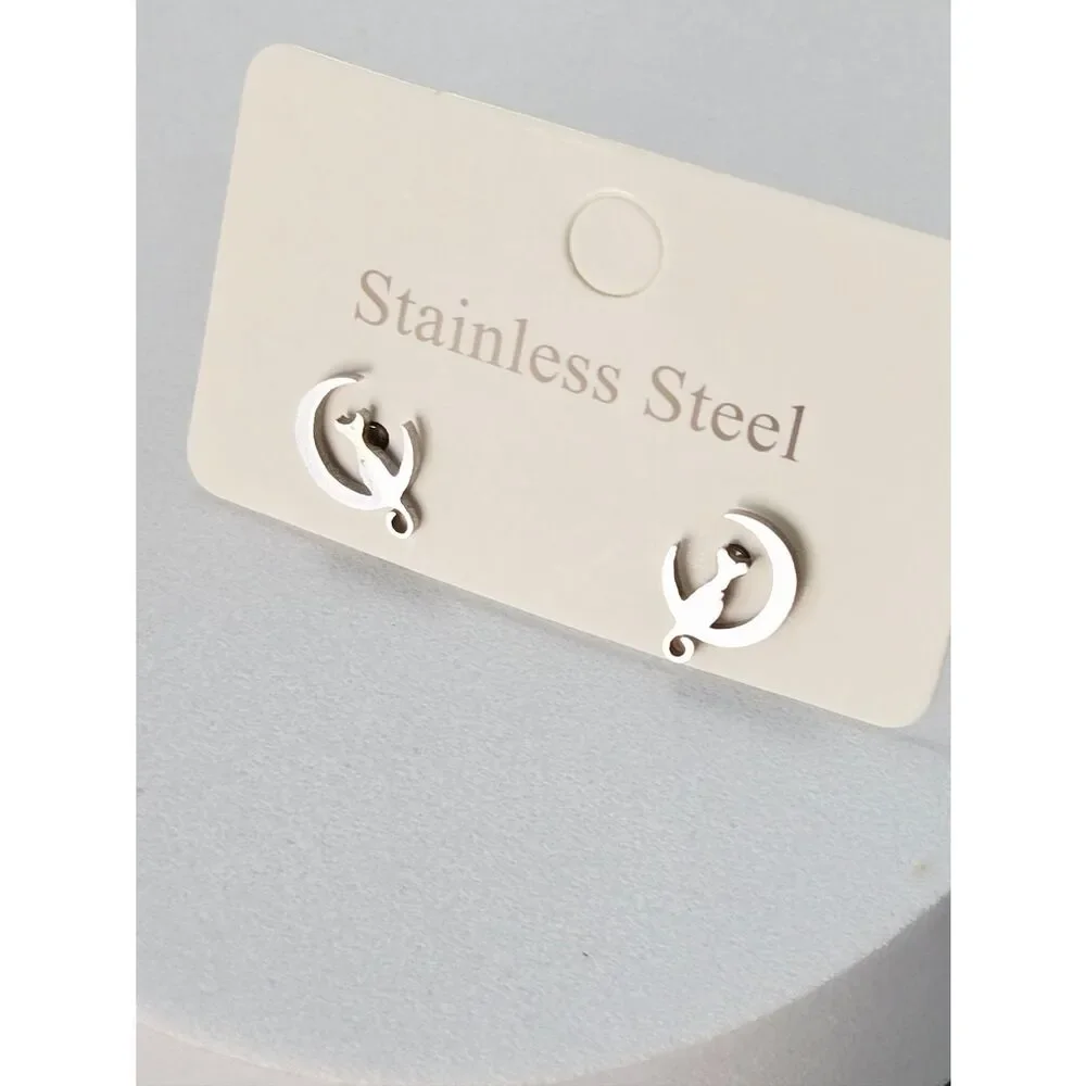 Crescent Moon Cat Stud Earrings Dainty Celestial Silver Stainless Steel Dreamy